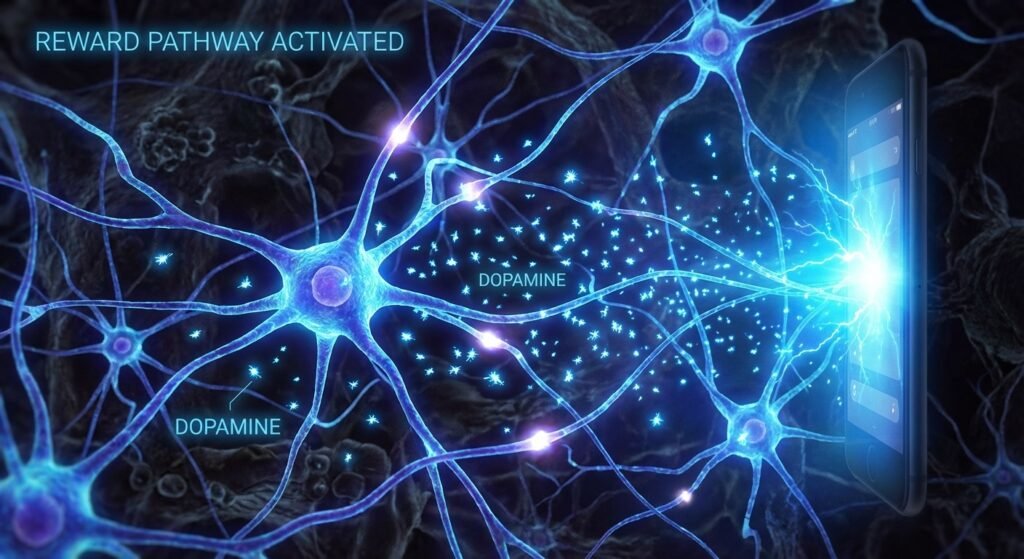 A person mindlessly scrolling on a smartphone, illustrating the modern challenge of digital dopamine addiction.