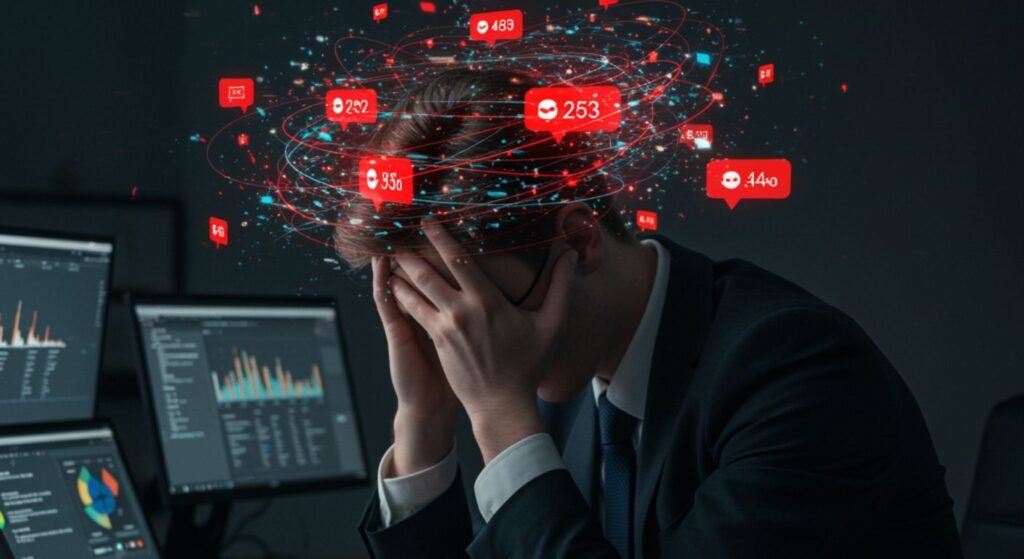 A tired professional experiencing brain fog and mental exhaustion at their desk due to continuous scrolling and context switching.